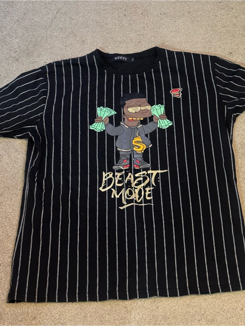 Gucci Black Pinstripe Cartoon 'Beast Mode' Graphic Tee with Green & Gold Accents